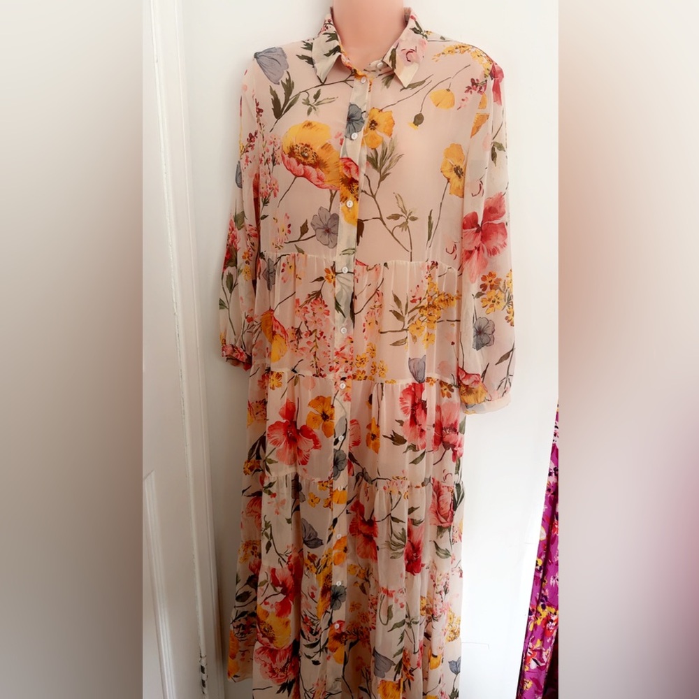 Zara Floral Tiered Maxi Dress - Blush with Yellow & Red Blooms
